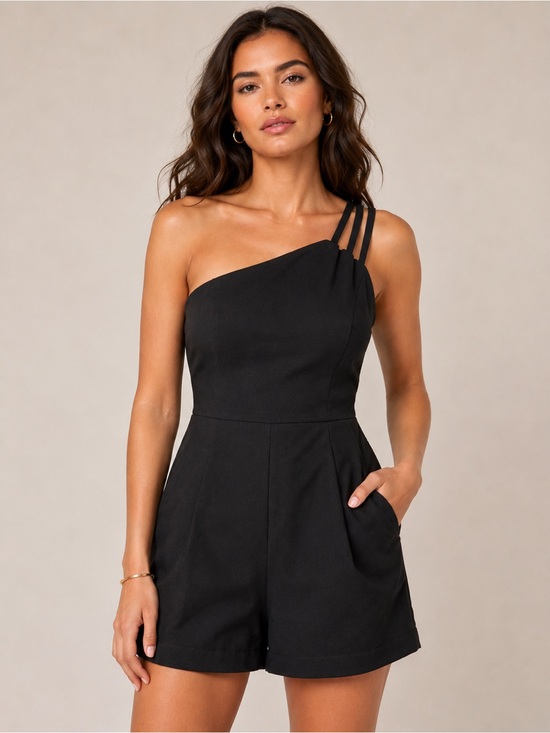 Cider Pants - CIDER Black One Shoulder Strappy Romper Asymmetrical Tailored Shorts. Size L